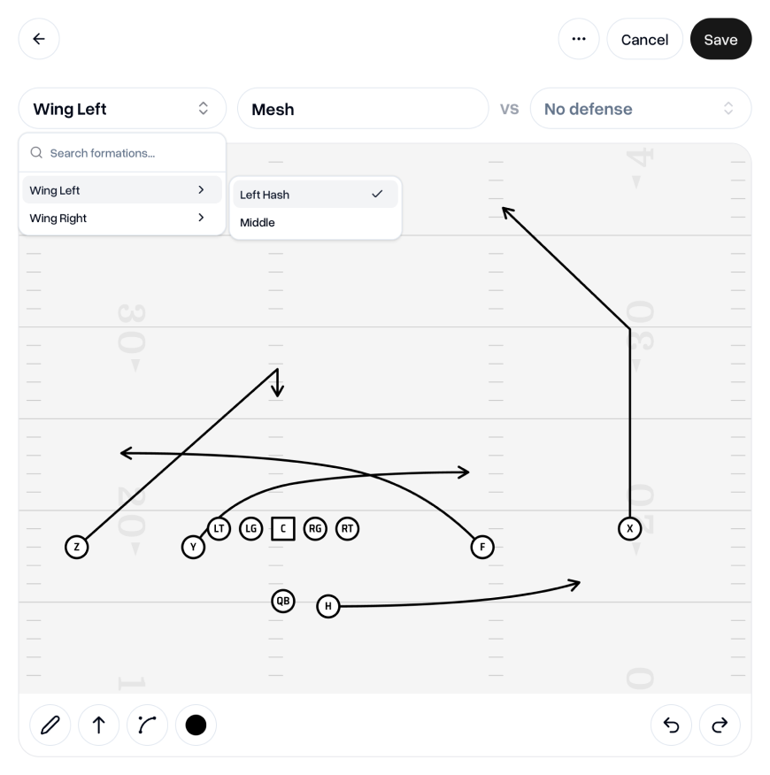 Formations dropdown showing ball position variants