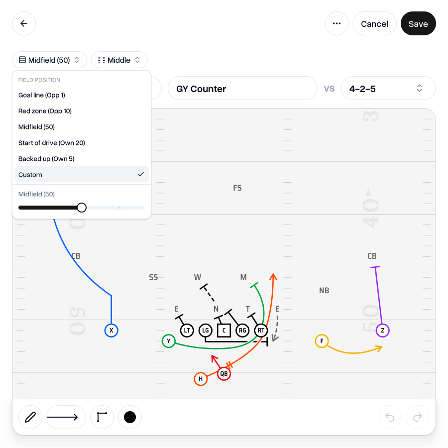 Field position dropdown with preset yard line options