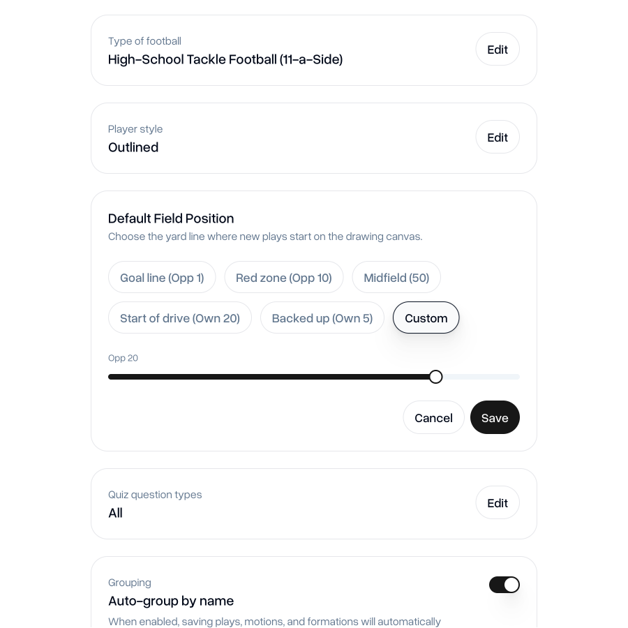 Team settings for editing the default starting line position