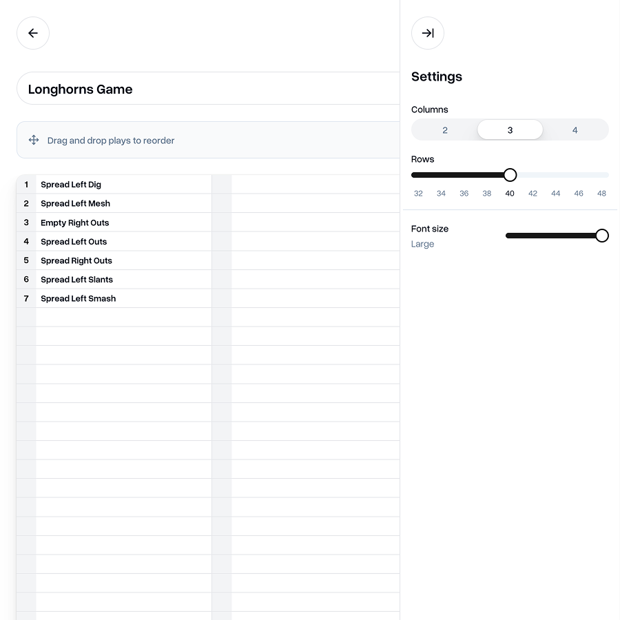 Rows and columns settings for a Play Calling Sheet