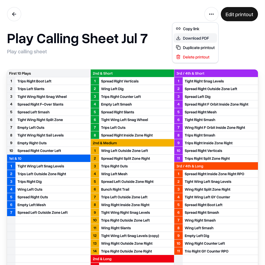 Downloading a Play Calling Sheet