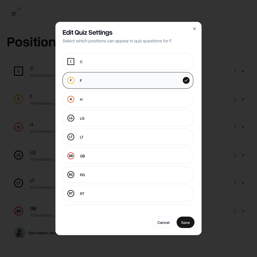 Editing quiz settings for a position