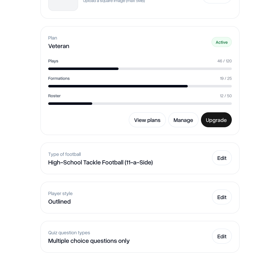 Quiz settings at the bottom of team settings