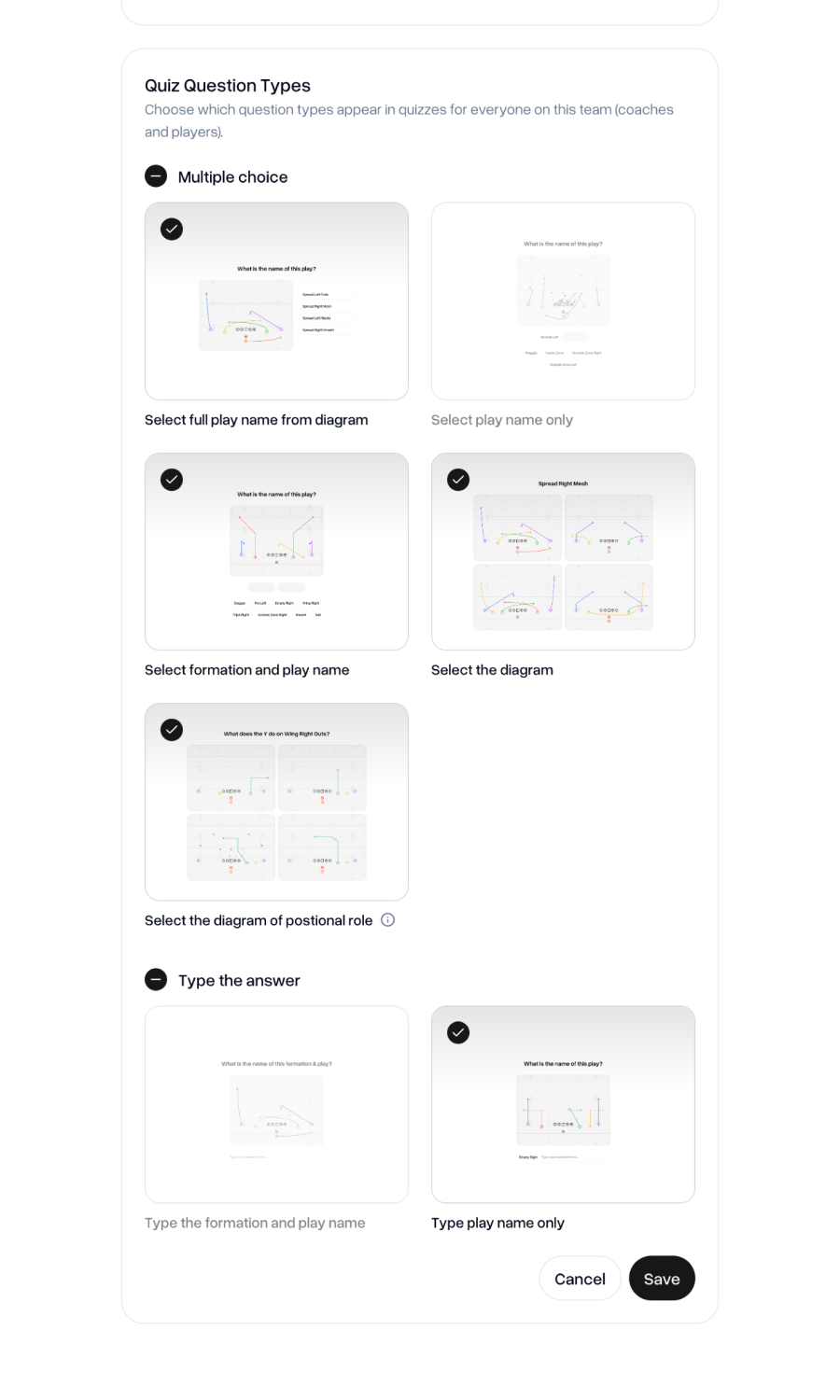 Quiz settings open showing question type choices