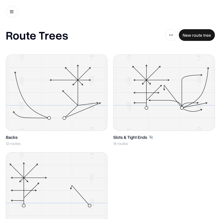 Route Trees tab with Backs, Slots & Tight Ends, and Wide Receivers trees